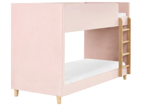 Single Size Bunk Bed Pastel Pink Velvet Upholstered Poplar Wood Ladder 3ft High Sleeper Children Kids Bedroom Beliani