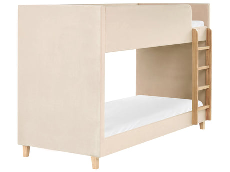 Single Size Bunk Bed Light Beige Velvet Upholstered Poplar Wood Ladder 3ft High Sleeper Children Kids Bedroom Beliani
