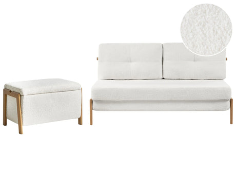 Sofa and Bench Set White Boucle Upholster Iron Legs Sleeping Function Additional Storage Modern Style Beliani