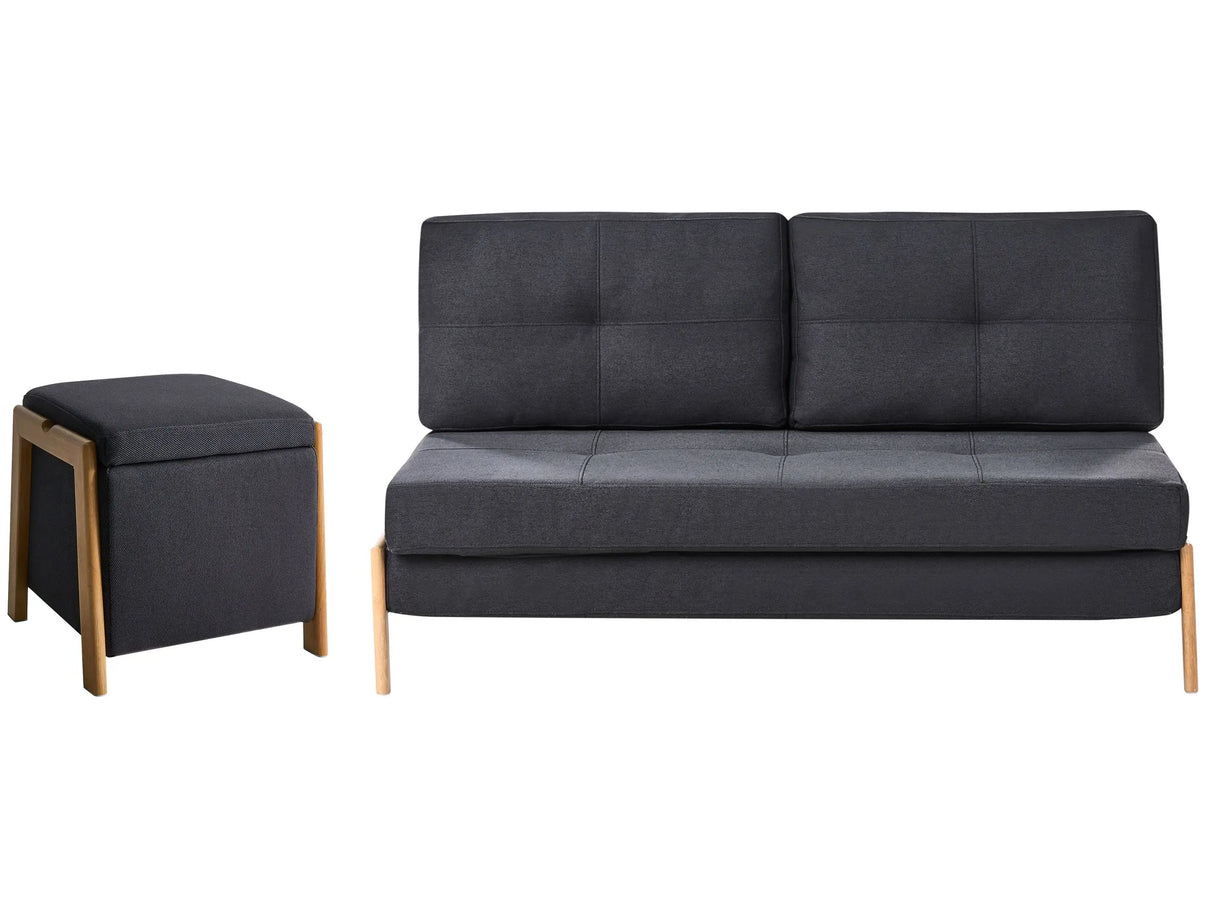 Sofa and Pouffe Set Black Fabric Upholster Iron Legs Sleeping Function Additional Storage Modern Style Beliani