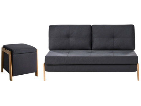 Sofa and Pouffe Set Black Fabric Upholster Iron Legs Sleeping Function Additional Storage Modern Style Beliani