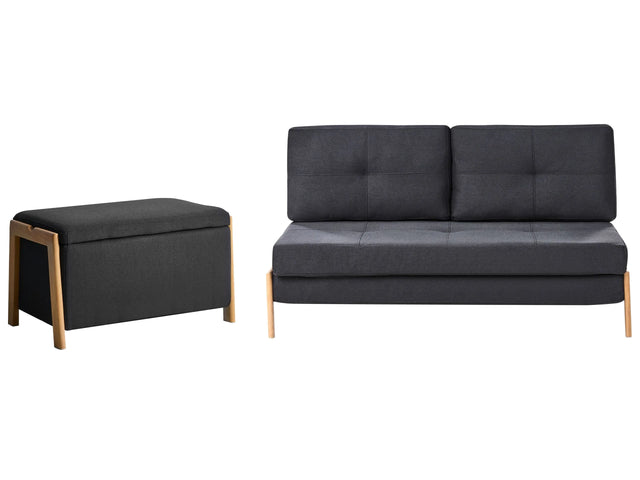 Sofa and Bench Set Black Fabric Upholster Iron Legs Sleeping Function Additional Storage Modern Style Beliani