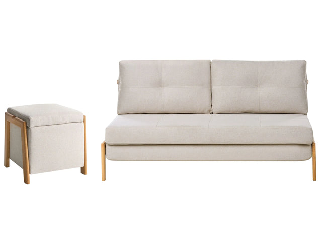 Sofa and Pouffe Set Beige Fabric Upholster Iron Legs Sleeping Function Additional Storage Modern Style Beliani