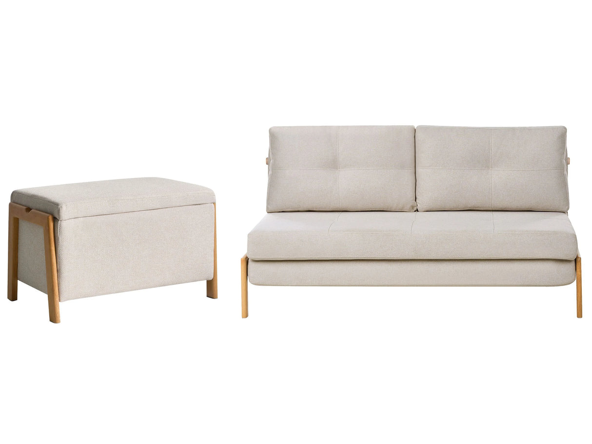 Sofa and Bench Set Beige Fabric Upholster Iron Legs Sleeping Function Additional Storage Modern Style Beliani