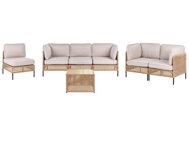 Modular Garden Lounge Set Light Beige PE Rattan 6 Seater with Glass Coffee Table Metal Frame with Cushions Modern Style Garden Patio Terrace Beliani
