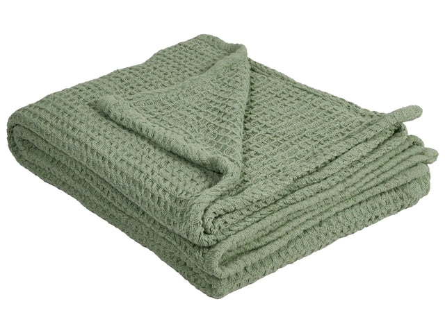 Bedspread Green Cotton 150 x 200 cm Waffle Pattern Bed Throw Living Room Bedroom Texiles Beliani