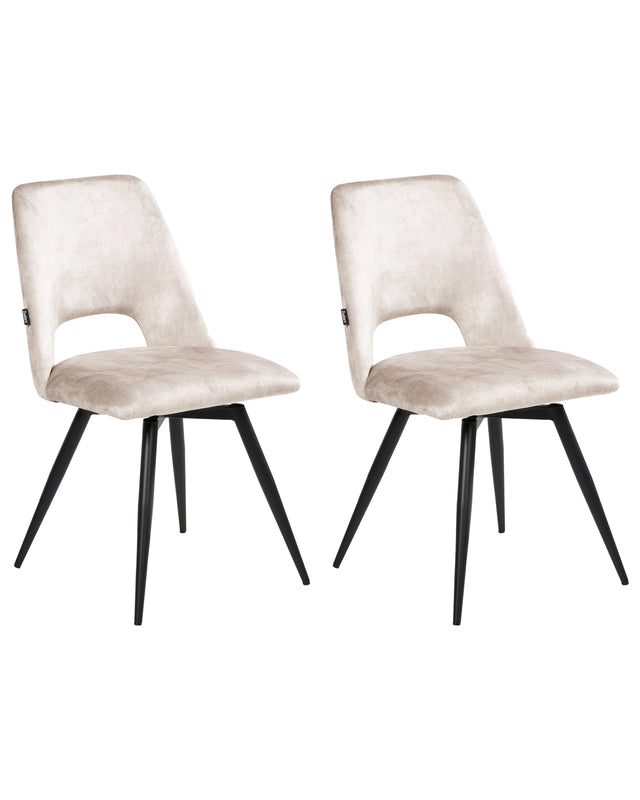 Set of 2 Dining Chairs Light Beige Velvet Black Iron Legs 180 Swivel Modern Upholstered Chairs Beliani