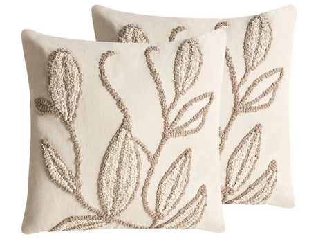 Set of 2 Scatter Cushions White and Beige Cotton Fabric Floral Pattern 45 x 45 cm Throw Pillow Beliani