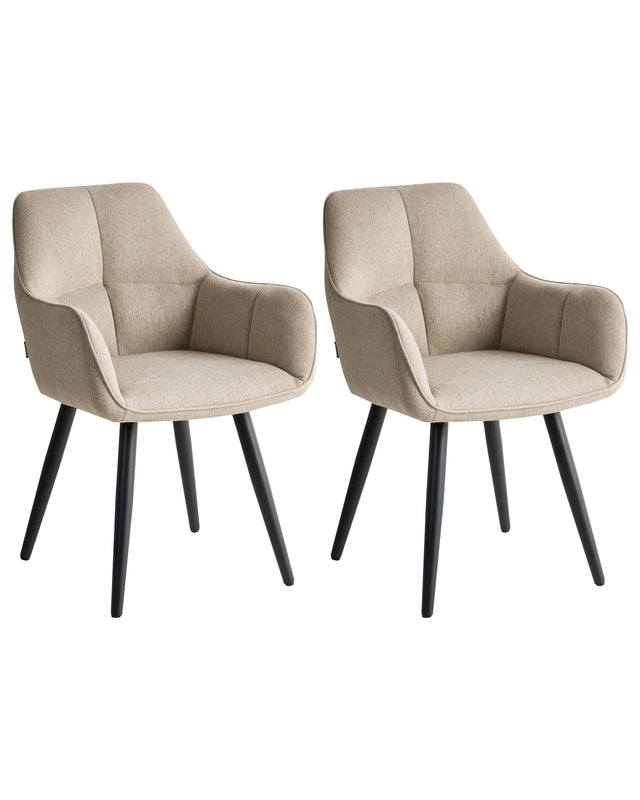 Set of 2 Dining Accent Chairs Beige Faux Linen Upholstery with Armrests Metal Base Modern Design Beliani