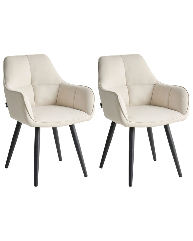 Set of 2 Dining Accent Chairs Light Beige Faux Linen Upholstery with Armrests Metal Base Modern Design Beliani