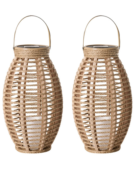 Set of 2 LED Lanterns Natural Hemp In &amp; Outdoor Solar Panel Energy-Efficient Boho Style Beliani