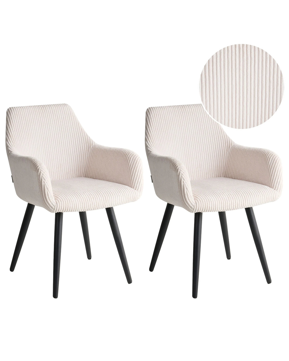 Set of 2 Corduroy Dining Accent Chairs Light Beige Upholstery with Armrests Metal Base Modern Design Beliani