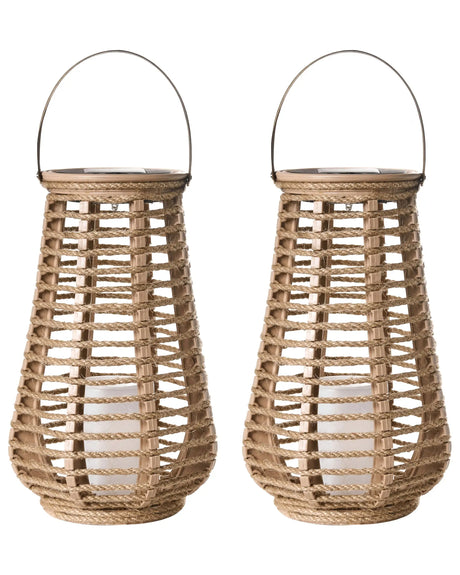 Set of 2 LED Lanterns Natural Hemp Energy-Efficient Hemp Solar Panel In &amp; Outdoor Boho Style Beliani