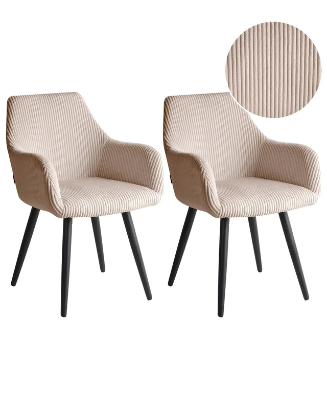 Set of 2 Corduroy Dining Accent Chairs Beige Velvet Upholstery with Armrests Metal Base Modern Design Beliani