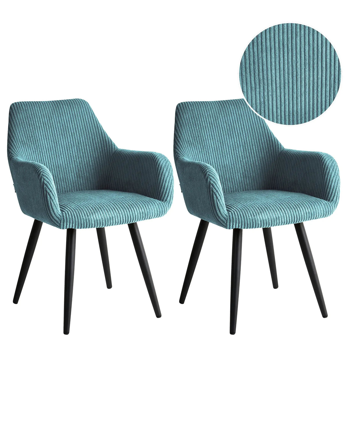 Set of 2 Corduroy Dining Accent Chairs Turquoise Velvet Upholstery with Armrests Metal Base Modern Design Beliani