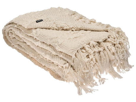 Blanket Off-White Fabric 220 x 240 cm Woven Bed Throw with Tassels Bed Spread Cover Beliani
