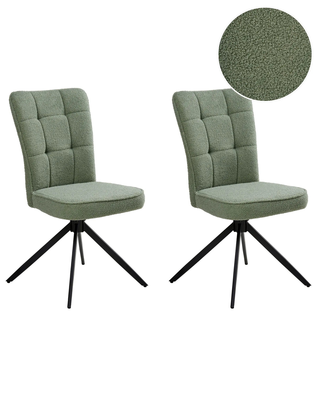 Set of 2 Swivel Dining Chairs Light Green Boucle Upholstery Metal Legs Base Dining Room Beliani