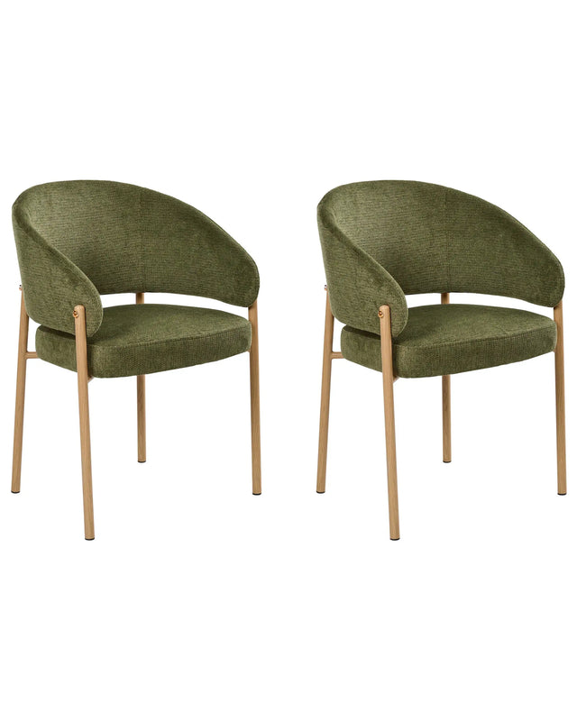 Set of 2 Dining Chairs Green Fabric Upholstery Curved Metal Legs Heat Transfer Base Dining Room Beliani