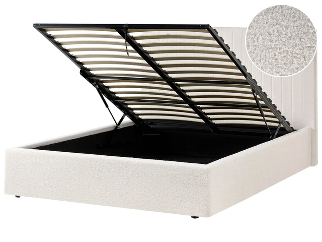 Ottoman Bed Off-White Boucle Upholstery EU Double Size Tufted Headboard Storage Function Beliani