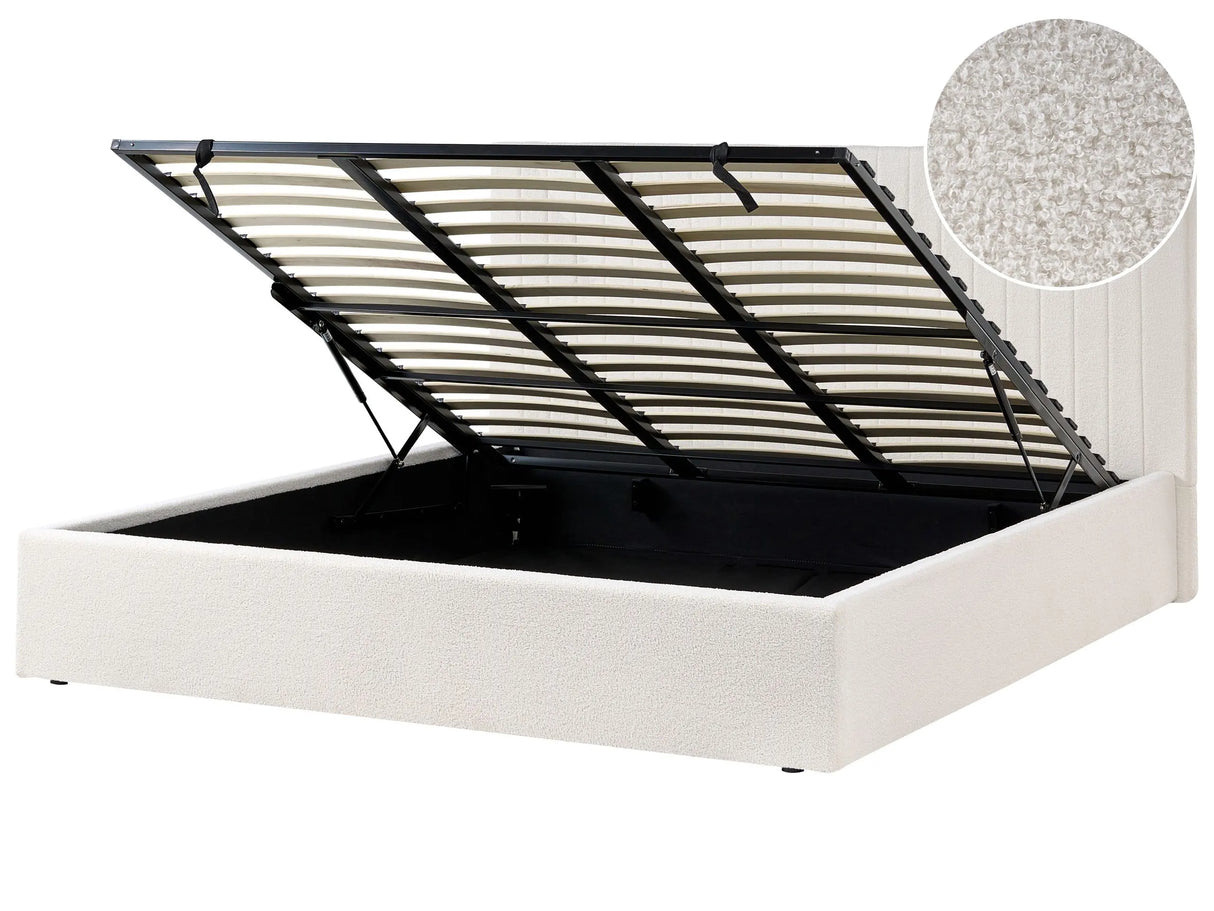 Ottoman Bed Off-White Boucle Upholstery EU Super King Size Tufted Headboard Storage Function Beliani