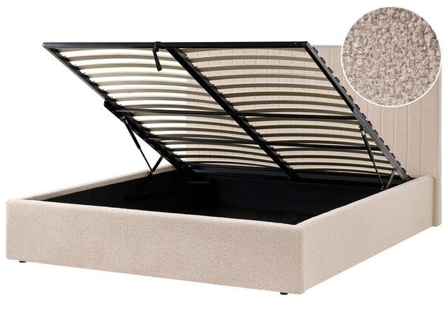 Ottoman Bed Beige Boucle Upholstery EU King Size Tufted Headboard Storage Function Beliani