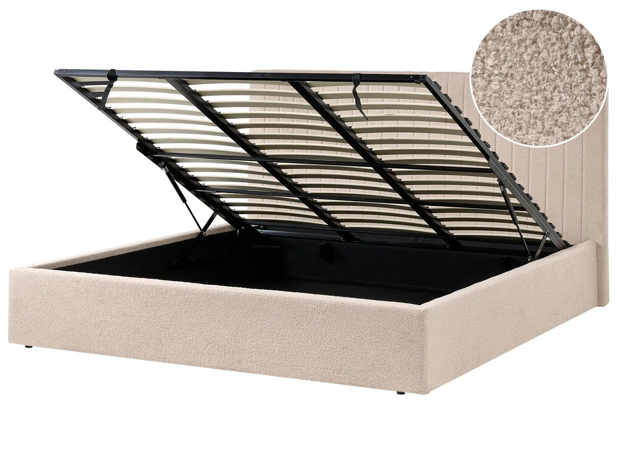 Ottoman Bed Beige Boucle Upholstery EU Super King Size Tufted Headboard Storage Function Beliani