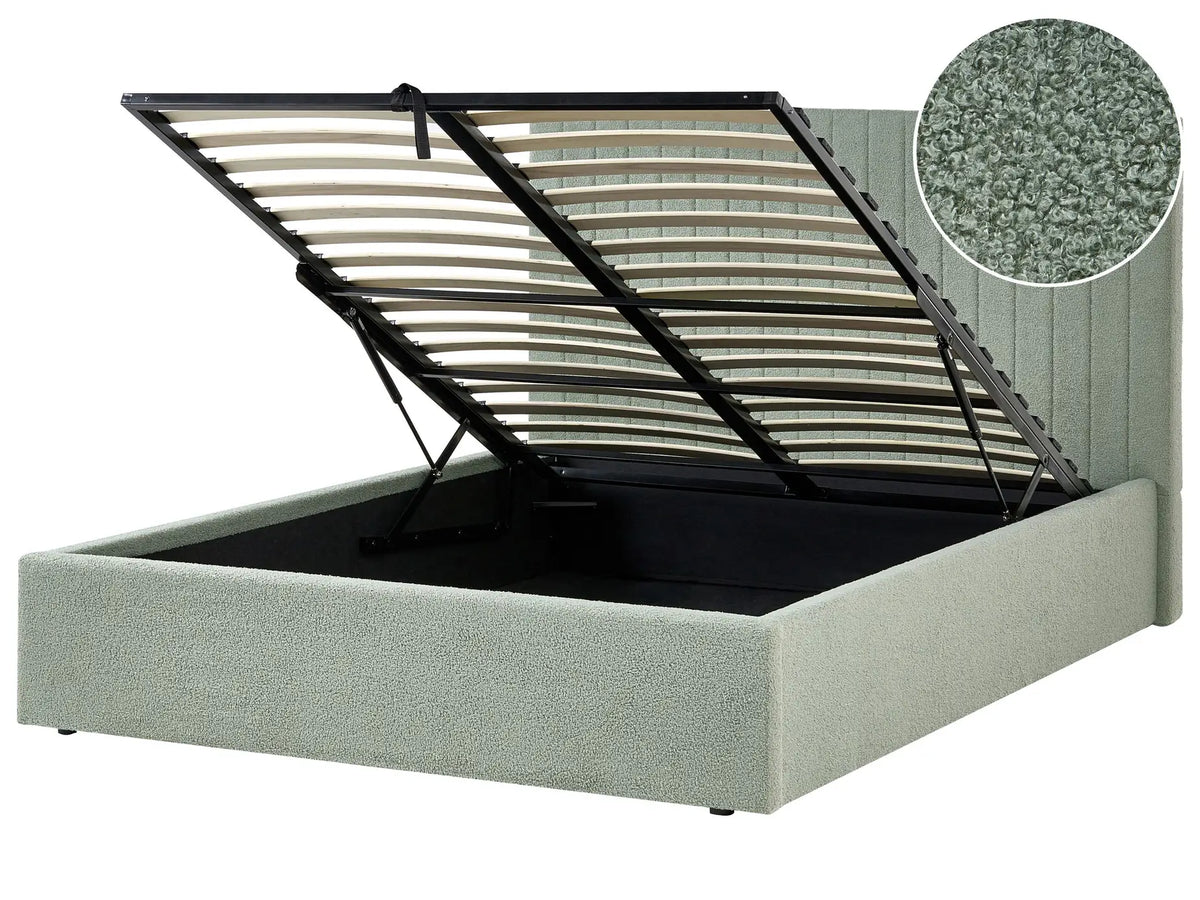 Ottoman Bed Green Boucle Upholstery EU Double Size Tufted Headboard Storage Function Beliani