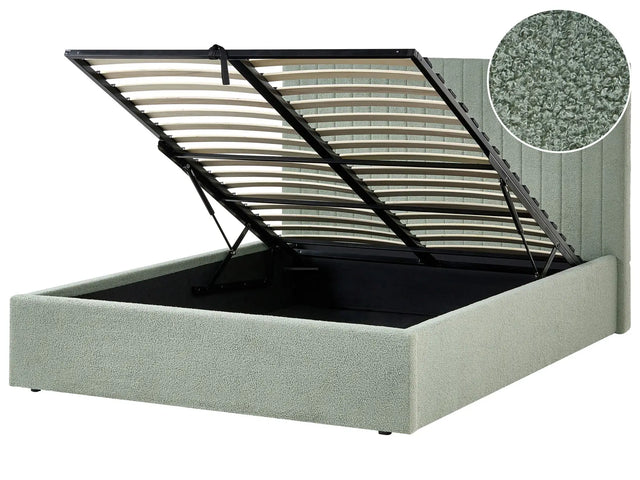 Ottoman Bed Green Boucle Upholstery EU Double Size Tufted Headboard Storage Function Beliani