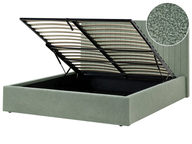 Ottoman Bed Green Boucle Upholstery EU King Size Tufted Headboard Storage Function Beliani