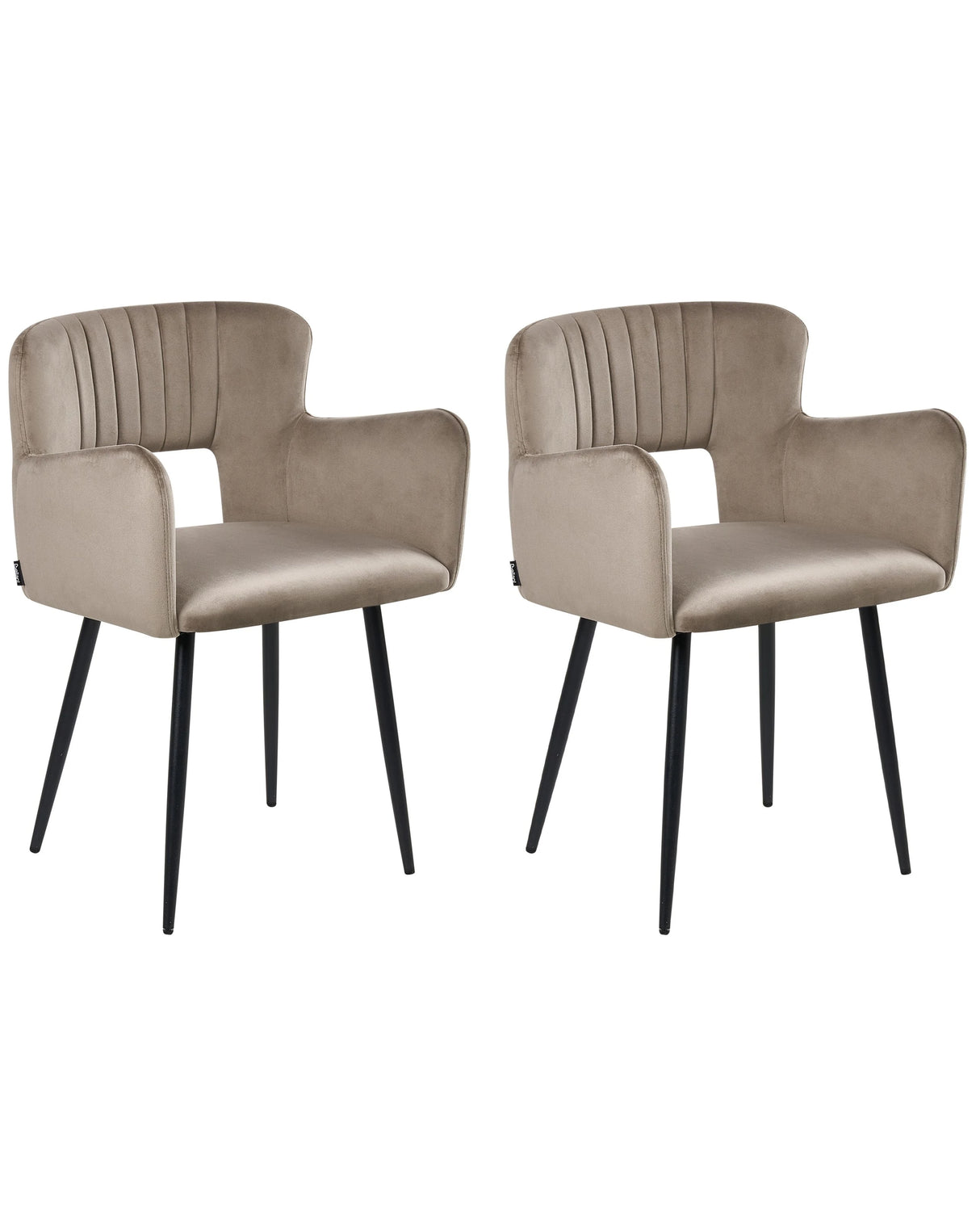 Set of 2 Chairs Dining Chair Taupe Velvet with Armrests Cut-Out Backrest Black Metal Legs Beliani