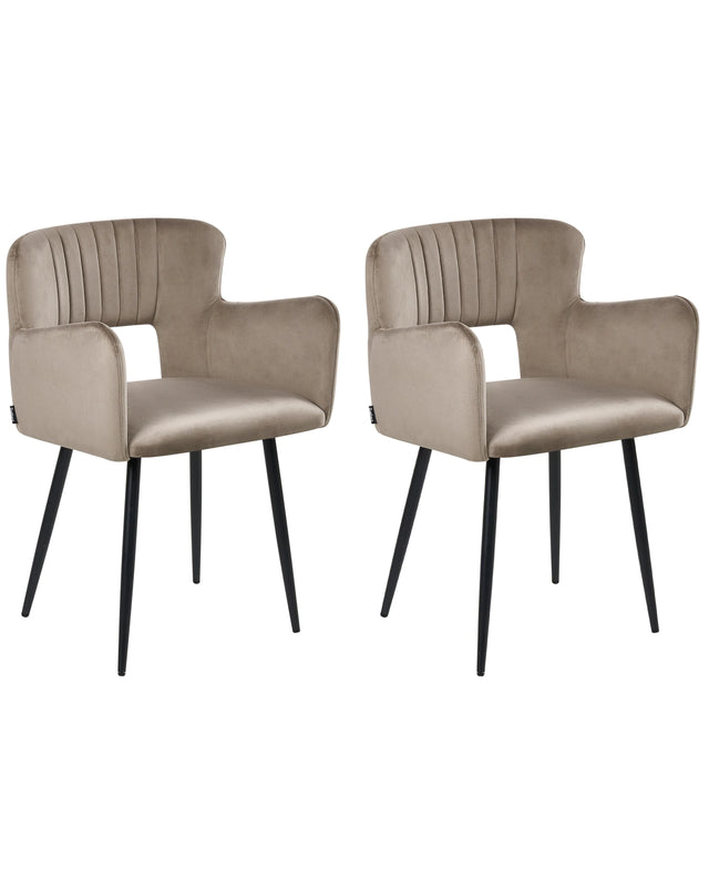 Set of 2 Chairs Dining Chair Taupe Velvet with Armrests Cut-Out Backrest Black Metal Legs Beliani