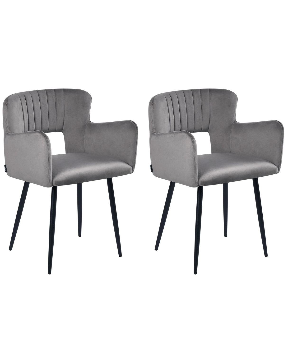 Set of 2 Chairs Dining Chair Grey Velvet with Armrests Cut-Out Backrest Black Metal Legs Beliani