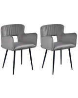 Set of 2 Chairs Dining Chair Grey Velvet with Armrests Cut-Out Backrest Black Metal Legs Beliani