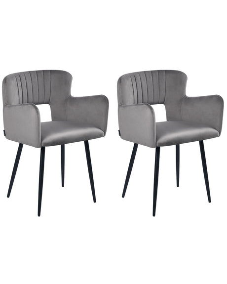 Set of 2 Chairs Dining Chair Grey Velvet with Armrests Cut-Out Backrest Black Metal Legs Beliani