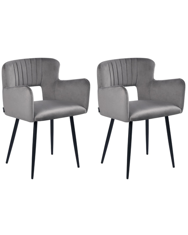 Set of 2 Chairs Dining Chair Grey Velvet with Armrests Cut-Out Backrest Black Metal Legs Beliani