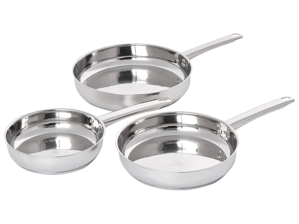 Set of 3 Frying Pans Silver Stainless Steel with Handles in 3 Sizes For All Hobs Beliani