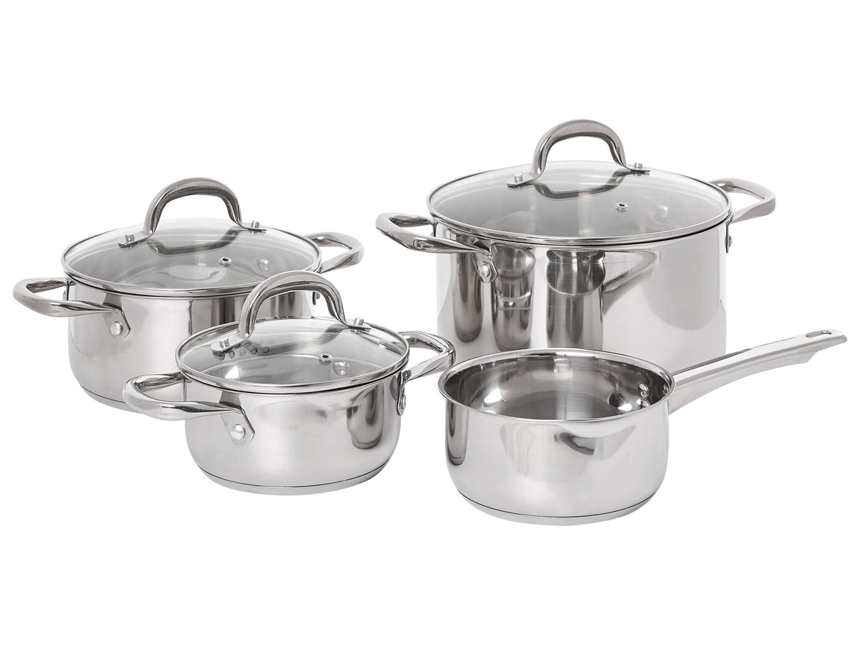 7 Piece Pot Set Silver Stainless Steel 4 Pots with Glass Lids Beliani