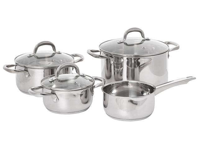 7 Piece Pot Set Silver Stainless Steel 4 Pots with Glass Lids Beliani