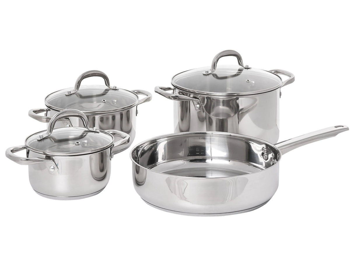 7 Piece Pot and Pan Set Silver Stainless Steel 3 Pots with Lids 1 Frying Pan Beliani