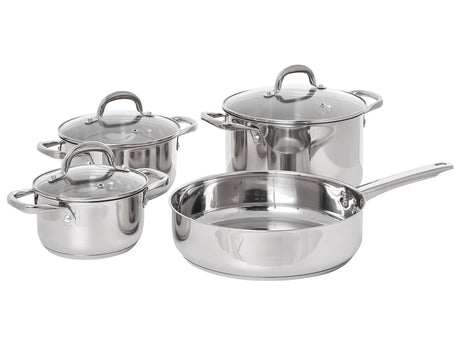 7 Piece Pot and Pan Set Silver Stainless Steel 3 Pots with Lids 1 Frying Pan Beliani
