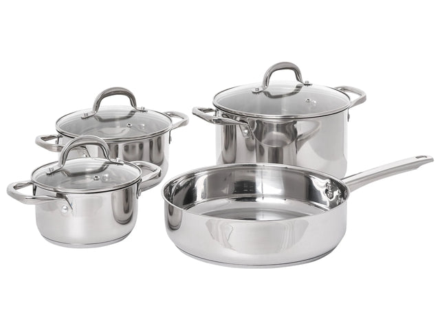 7 Piece Pot and Pan Set Silver Stainless Steel 3 Pots with Lids 1 Frying Pan Beliani