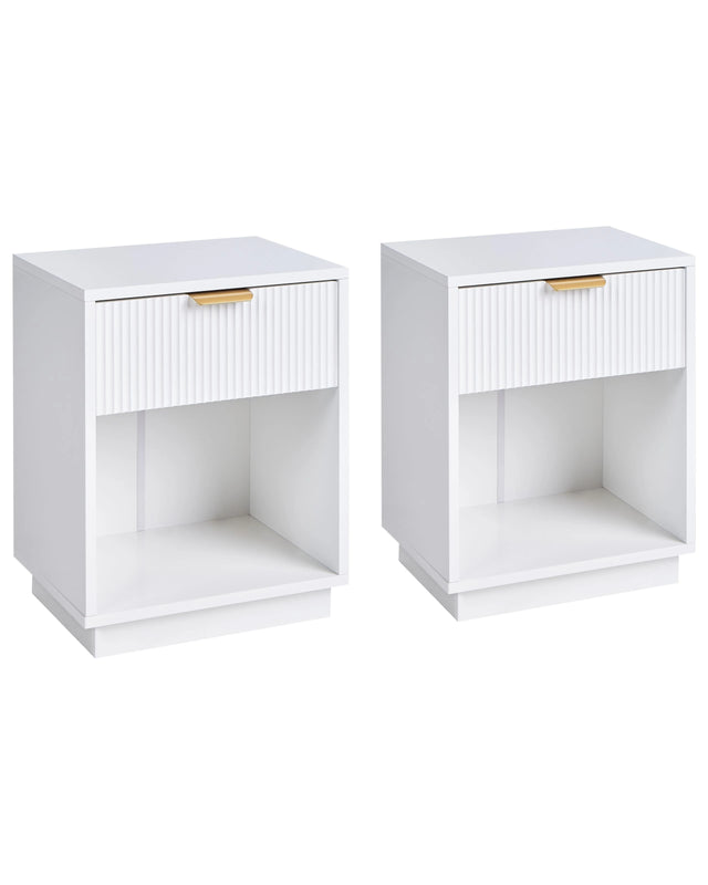 Set of 2 Bedside Table White MDF 1 Storage Drawer with Fluted Front 1 Shelf Gold Handle Modern Design Bedroom Beliani