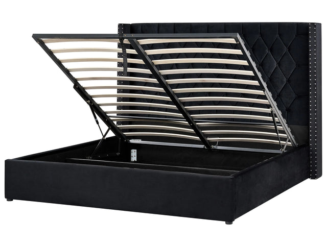 Bed Frame with Storage Black Velvet Upholstered 6ft EU Super King Size High Headboard Beliani