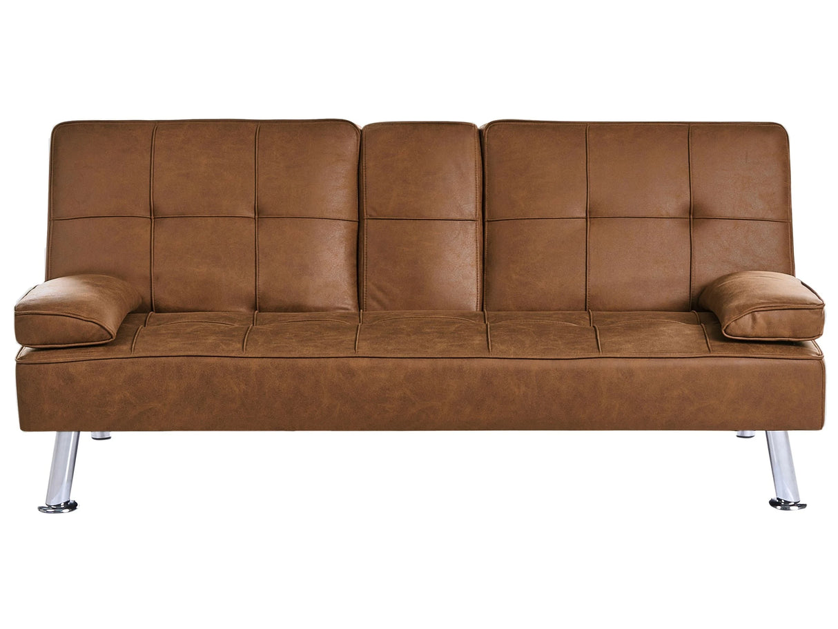 Sofa Bed Golden Brown Faux Leather 3 Seater Drop Down Table Click Clack Beliani