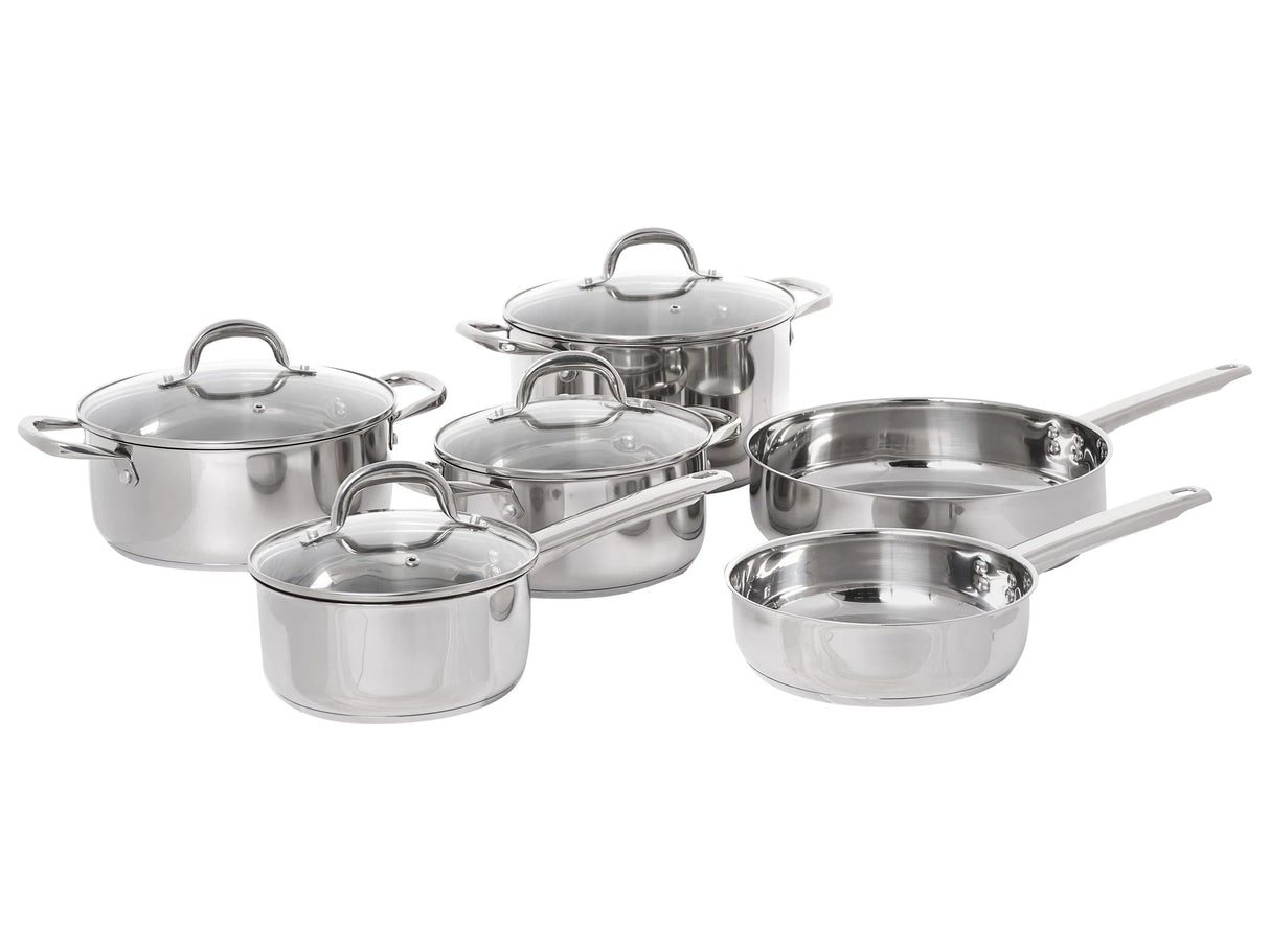 10 Piece Pot and Pan Set Silver Stainless Steel 4 Pots with Lids 2 Frying Pans Beliani