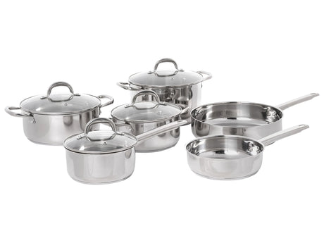 10 Piece Pot and Pan Set Silver Stainless Steel 4 Pots with Lids 2 Frying Pans Beliani