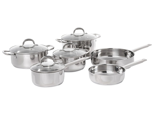 10 Piece Pot and Pan Set Silver Stainless Steel 4 Pots with Lids 2 Frying Pans Beliani