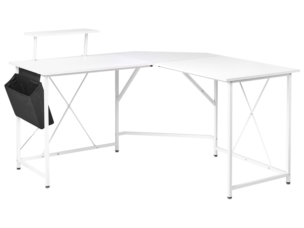 Corner Desk White MDF Tabletop Powder Coated Iron Legs and Frame Add Side Pocket Wide Workstation Modern Beliani