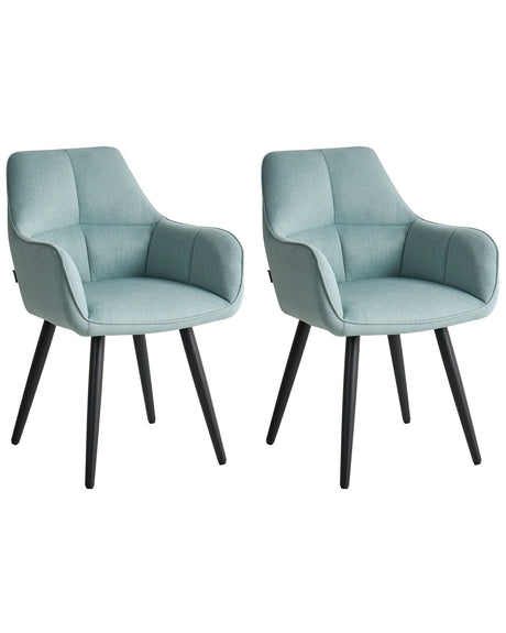 Set of 2 Dining Accent Chairs Mint Green Faux Linen Upholstery with Armrests Metal Base Modern Design Beliani