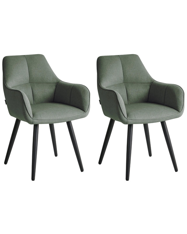 Set of 2 Dining Accent Chairs Green Faux Linen Upholstery with Armrests Metal Base Modern Design Beliani
